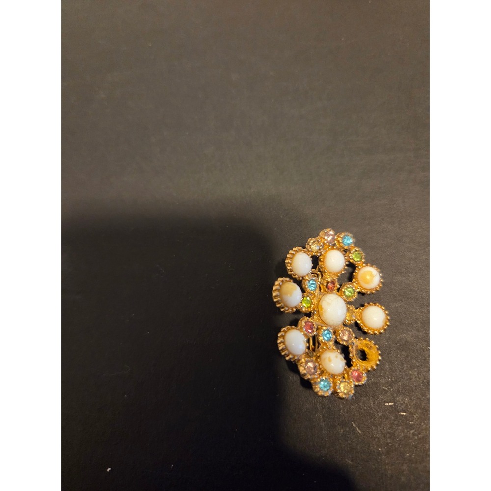 Vintage Gold Tone Brooch Multi Color Rhinestone White Cabochon Openwork Pin